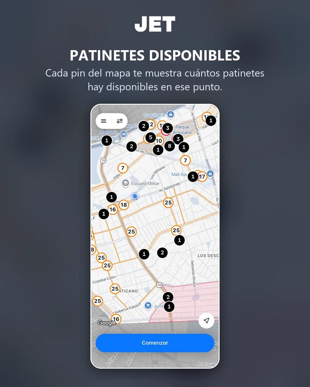 Patinetes disponibles: cada pin muestra cuántos hay en ese punto