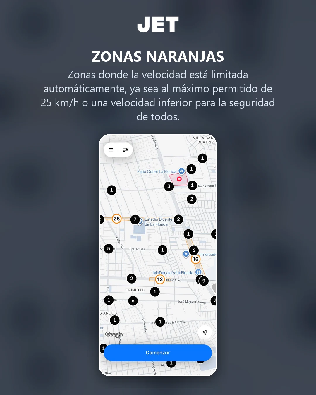 Zonas naranjas: zonas donde la velocidad está limitada automáticamente