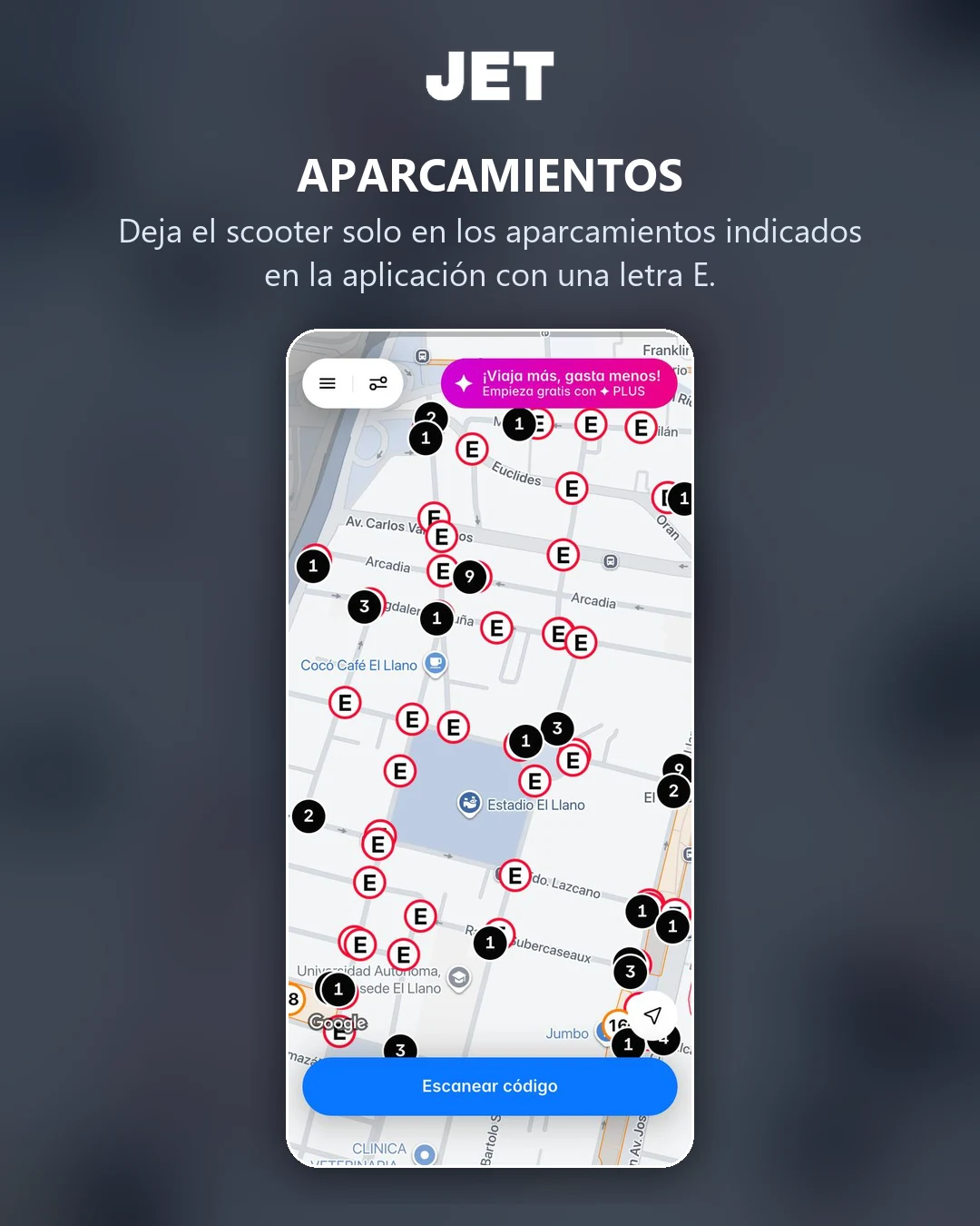 Deja el scooter solo en los aparcamientos indicados en la aplicación con una letra E
