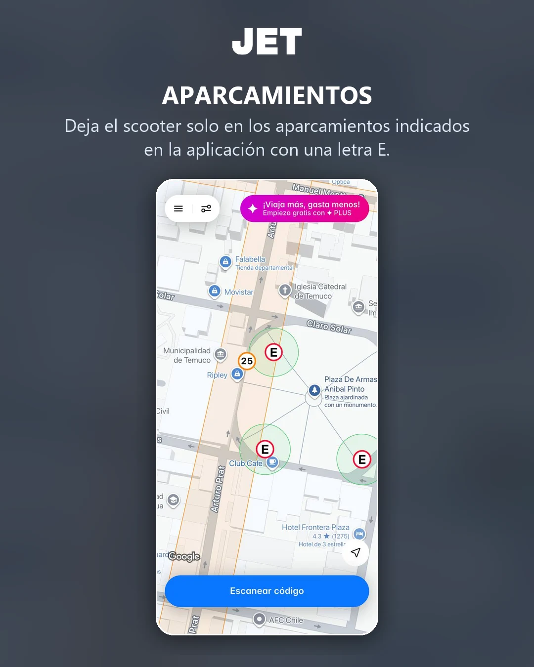 Deja el scooter solo en los aparcamientos indicados en la aplicación con una letra E